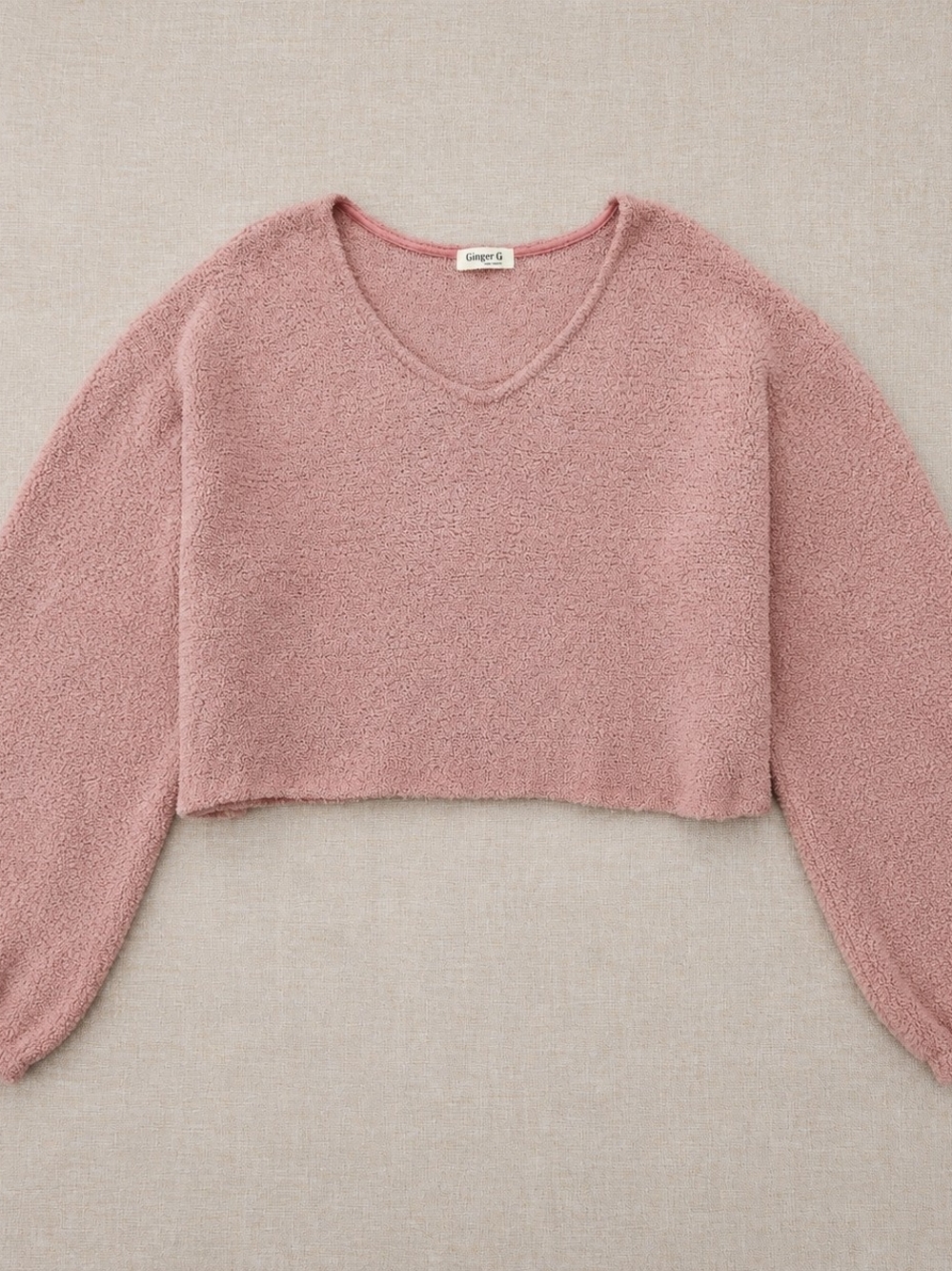 Ginger G Dusty Mauve Cropped Textured Sweatshirt Cozy Long Sleeve Top Medium